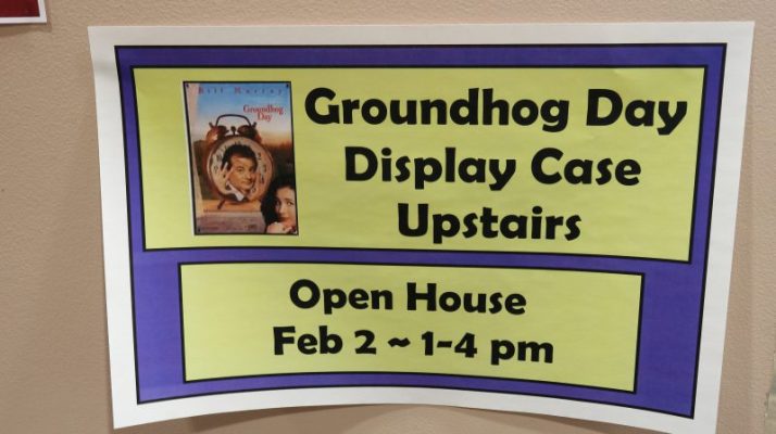 Groundhog Display in Woodstock Library sign
